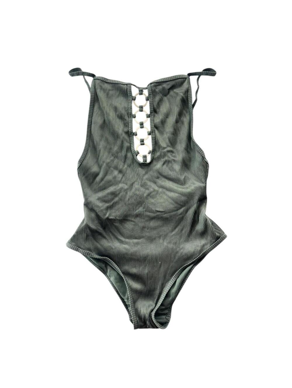 Hot Kiss Ribbed One Piece Swimsuit in Army Green with White Ring Link Detail